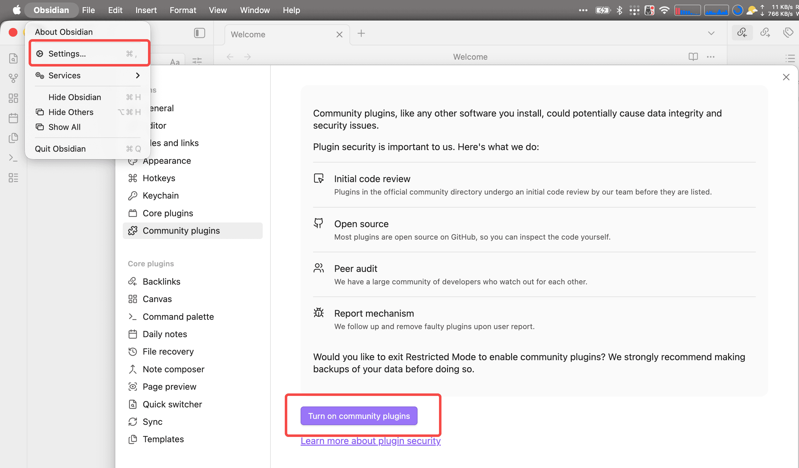 Open Obsidian settings and enable community plugins
