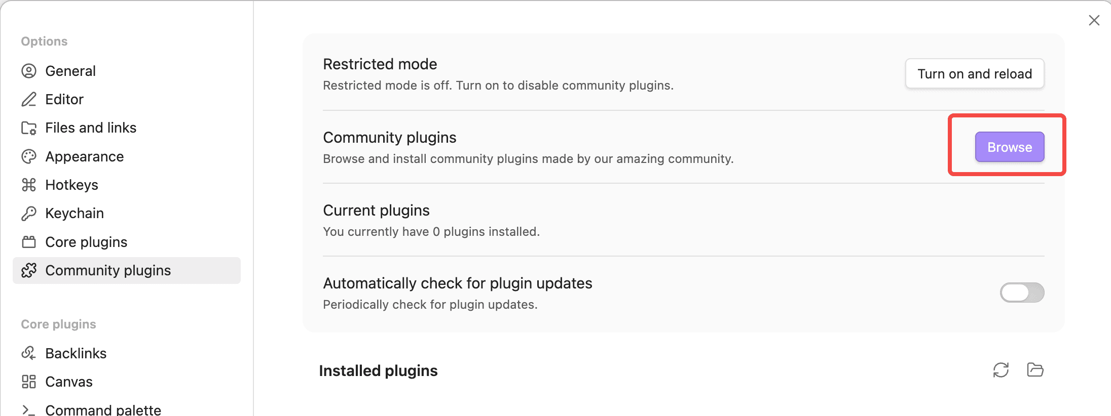 Click Browse on the Community plugins page to open the plugin marketplace
