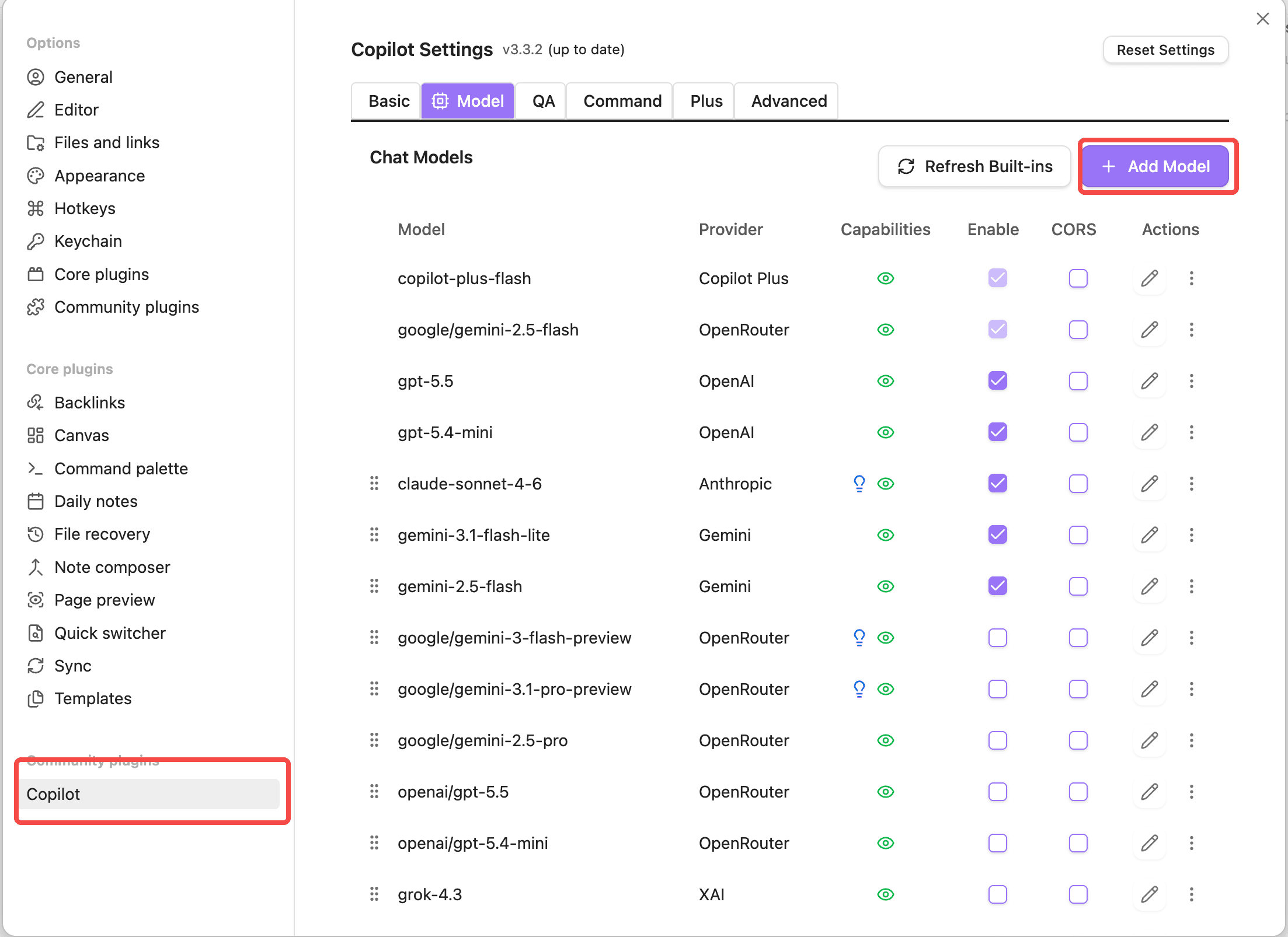 Click Add Model on the Model tab in Copilot settings