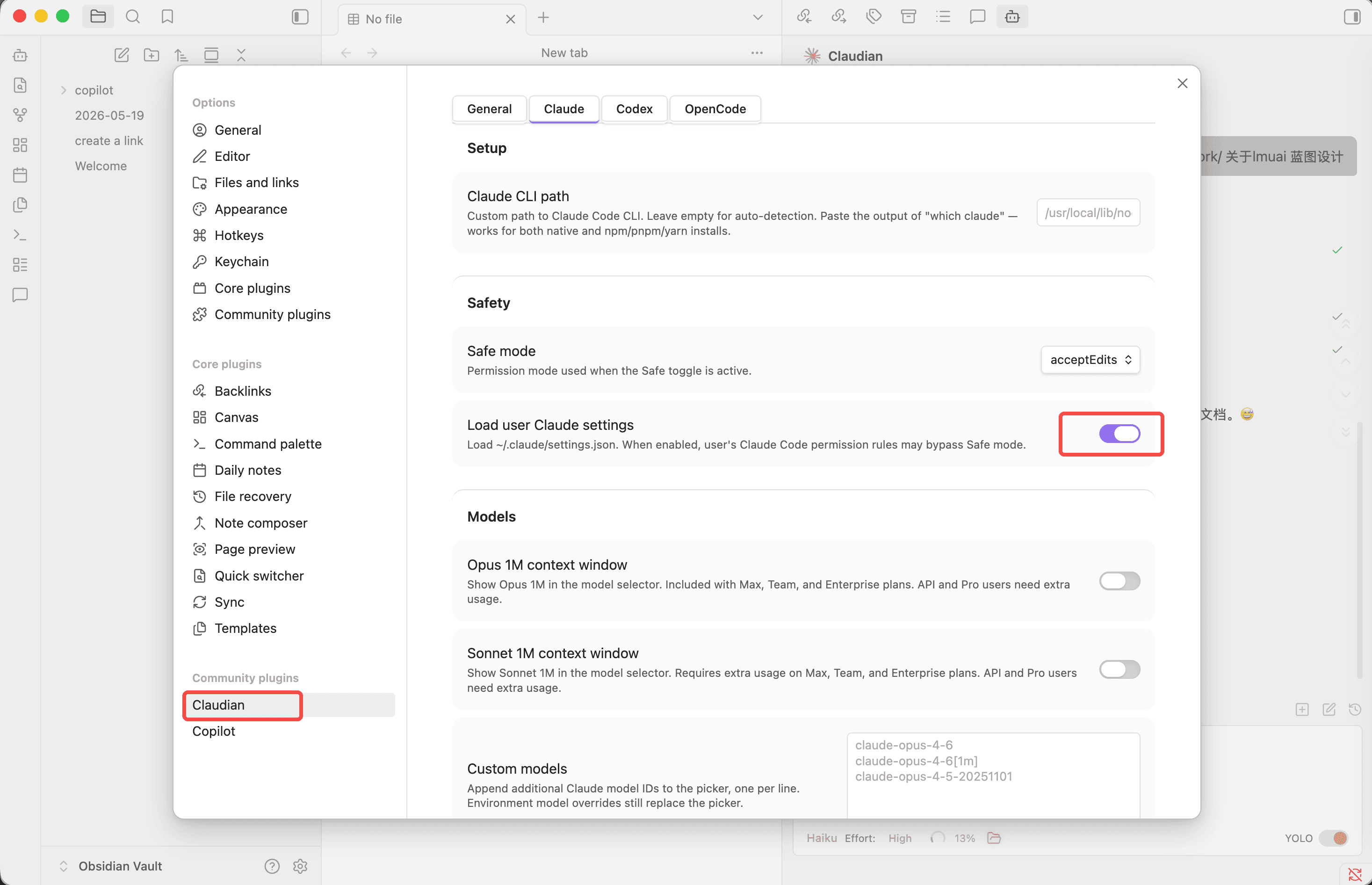 Turning on the Load user Claude settings toggle in the Claude tab of Claudian settings