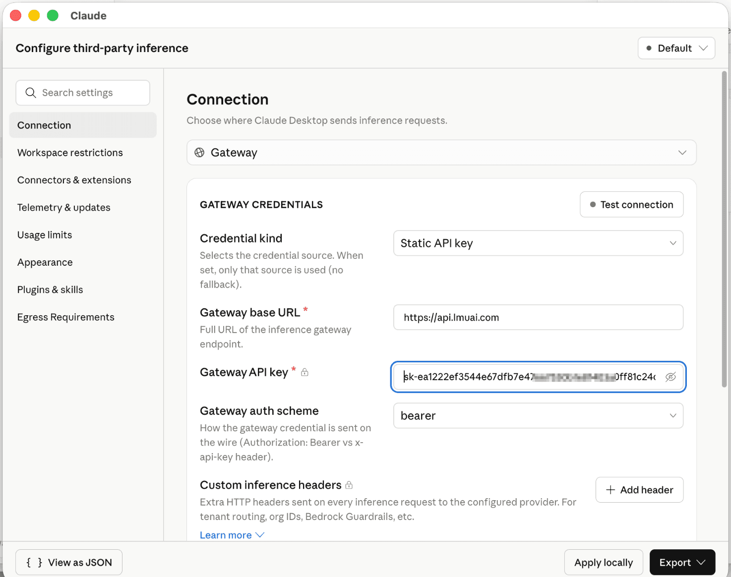 Filling in the LMU AI Gateway base URL and API key in the Claude Code desktop Configure third-party inference panel