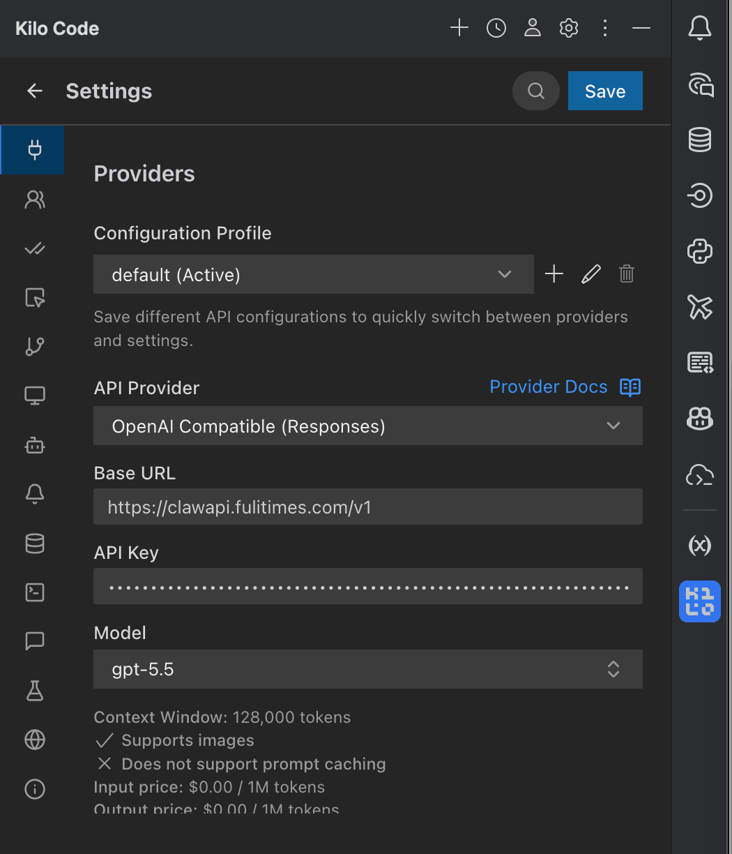 Kilo Code with the OpenAI Compatible (Responses) provider selected, Base URL set to https://api.lmuai.ai/v1, and the model set to gpt-5.5