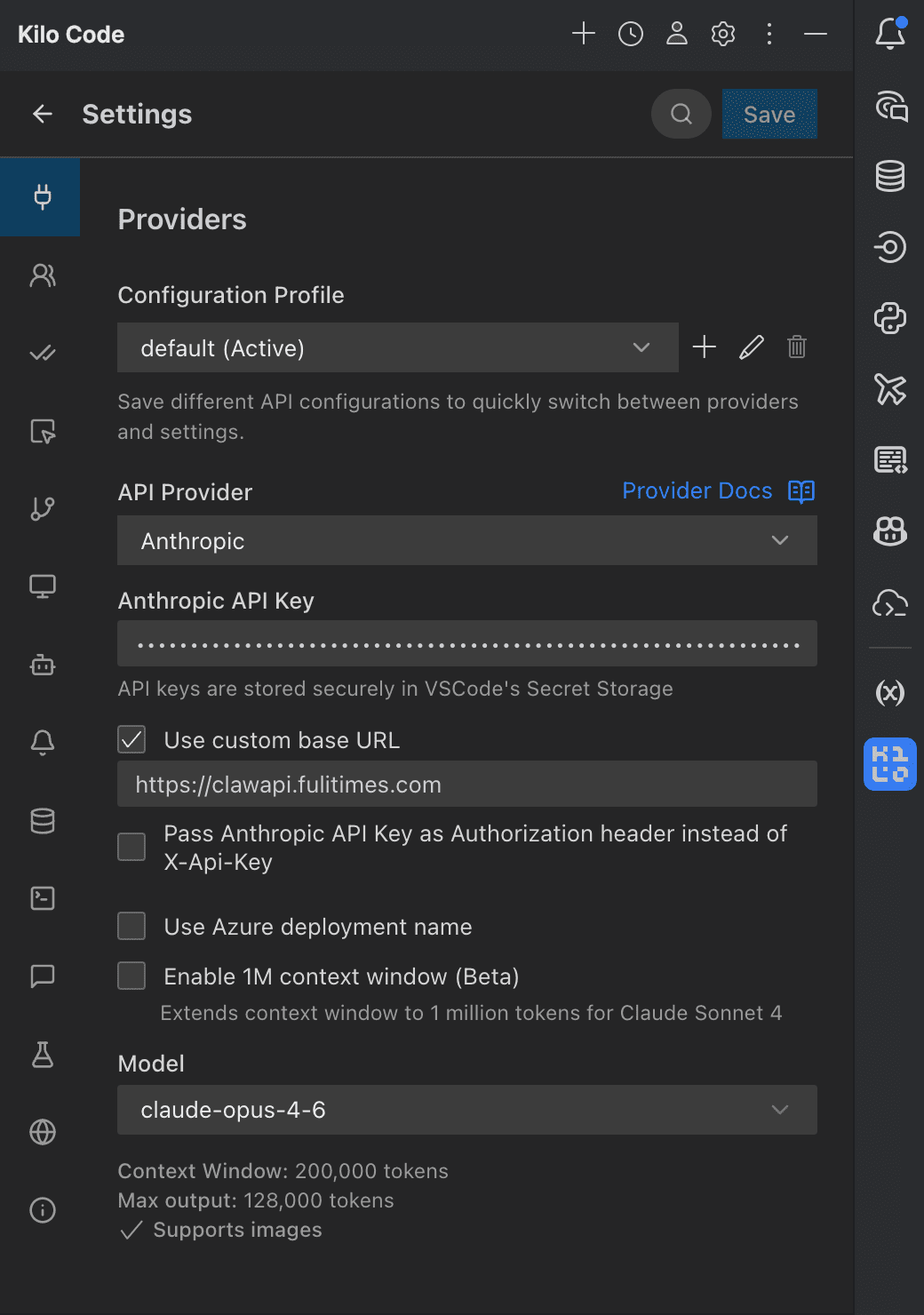 Kilo Code with the Anthropic provider selected, Use custom base URL checked and set to https://api.lmuai.ai, and the model set to claude-opus-4-6